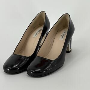 L.K Bennett Pumps Womens 8 Black Patent Leather Court Heels Gold Detail EU 38.5